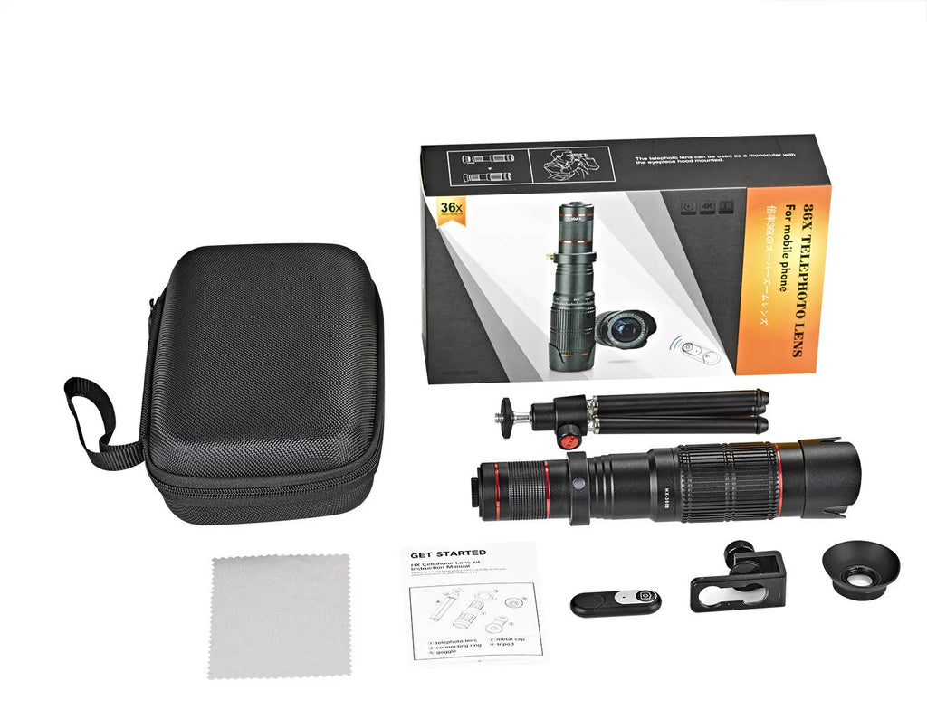 Black 36x telephoto mobile phone telescope shown folded to 22.5cm length, compatible with smartphones.