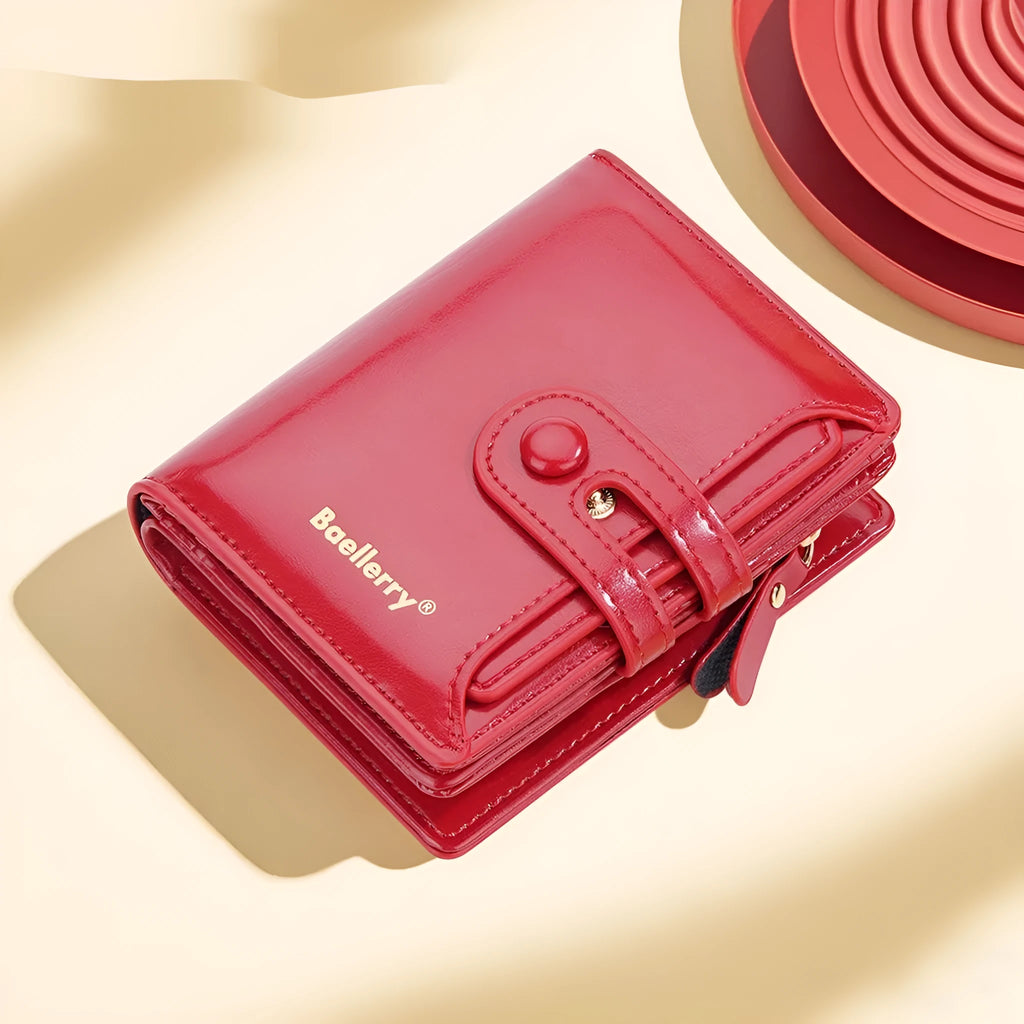 Women's PU leather card holder wallet shown in multiple colour options including black, blue, and pink.