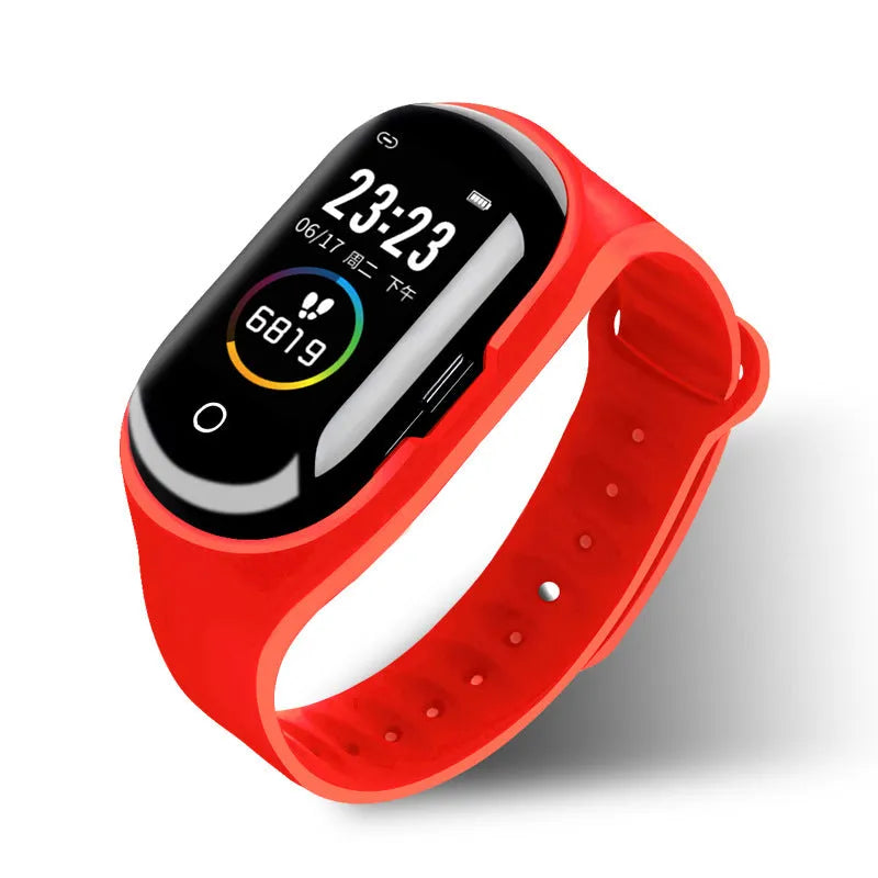 Blue smart bracelet with integrated Bluetooth earphones showing 1 inch display screen on silicone wristband