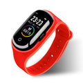 Blue smart bracelet with integrated Bluetooth earphones showing 1 inch display screen on silicone wristband