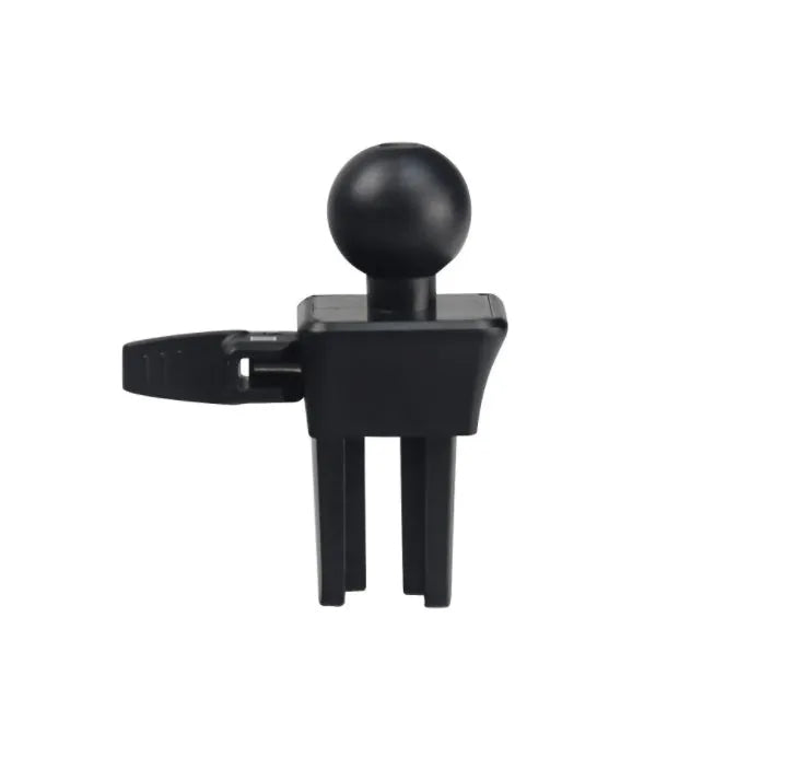 Black plastic universal mobile phone holder attached to a car air conditioning vent.