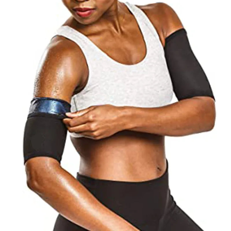 Blue adjustable elastic arm sweatband with absorbent inner layer, shown with included binding strap.