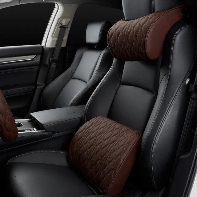 Car headrest and lumbar support set in black or brown with embroidered memory foam, headrest 28x10cm and waist 38x25cm.