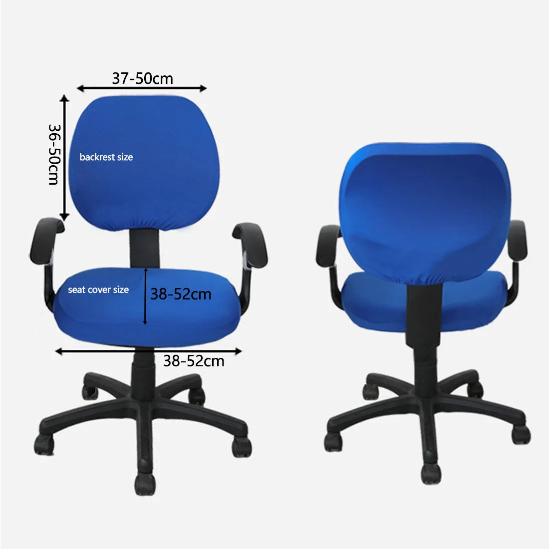 Stretchable polyester spandex office chair cover in Navy blue on a desk chair with armrest cover