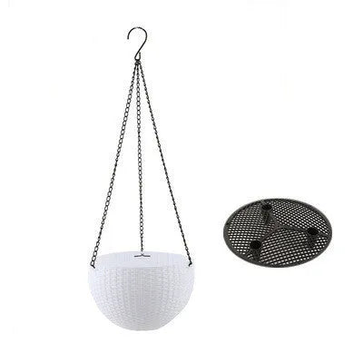 Plastic hanging basket planter with inner pot and metal chain, shown in green colour.