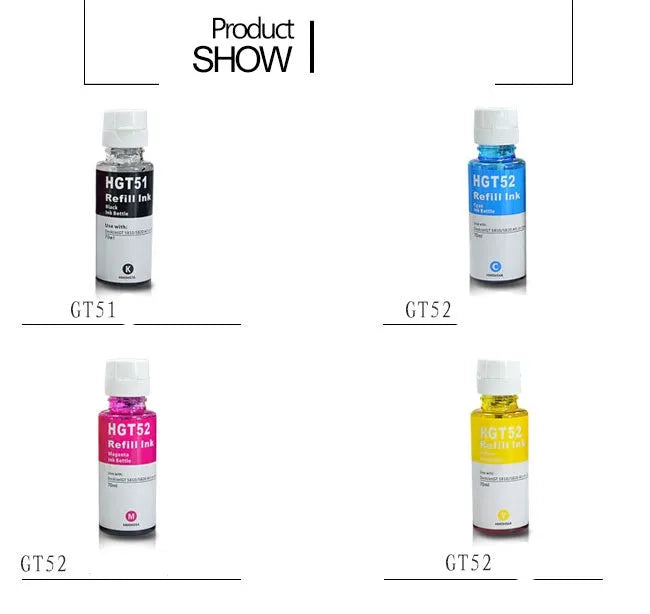 Four HP GT51 GT52 ink cartridges in black, blue, magenta, and yellow for Officejet GT and Smart Tank printers