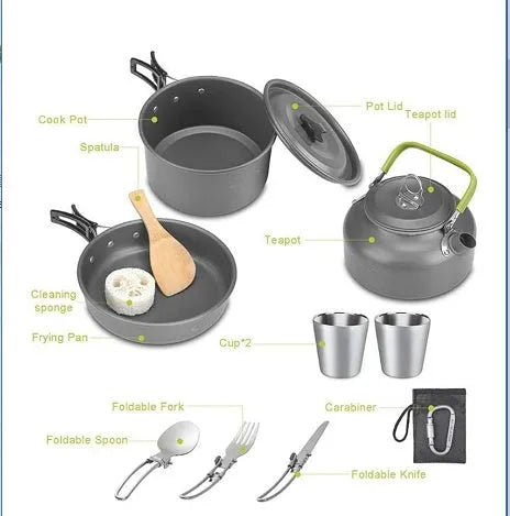 Green aluminium alloy camping teapot set with kettle, frying pan, and pot arranged on a picnic table
