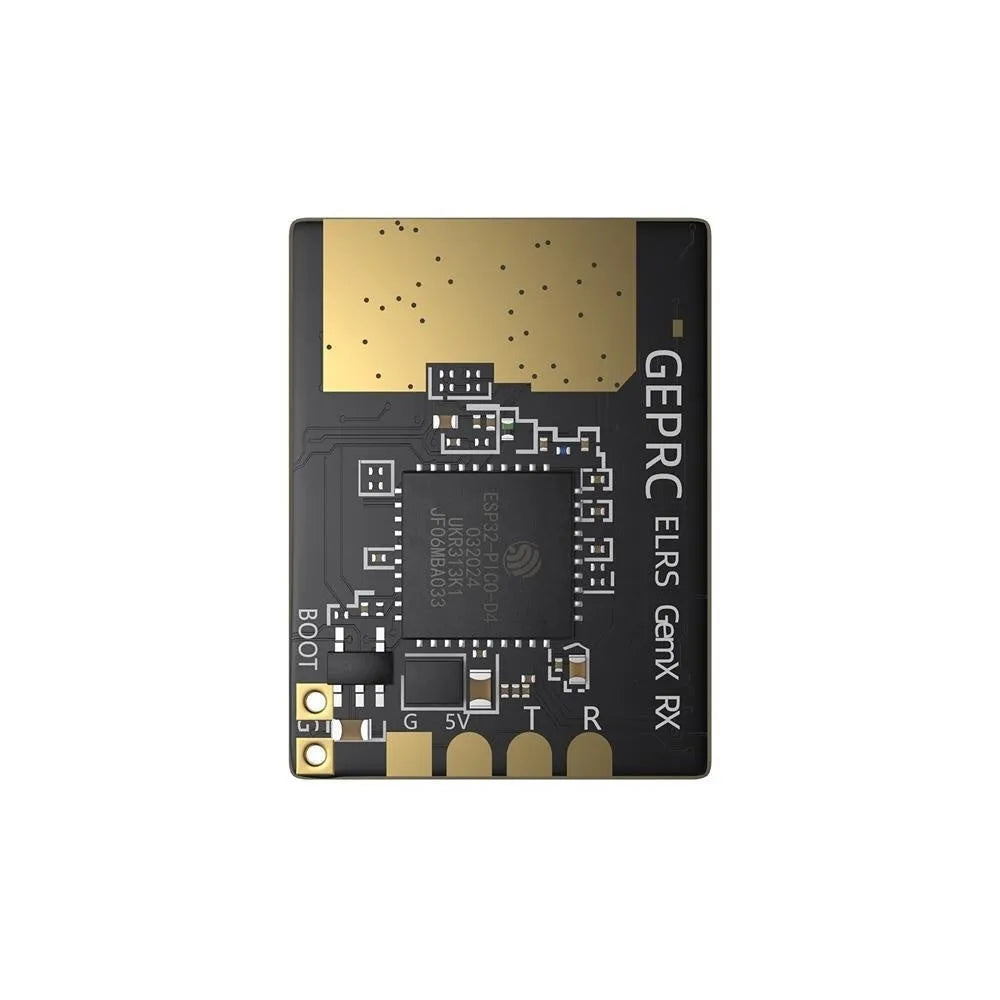 ELRS dual-band 915MHz 2.4GHz FPV receiver with two T-shaped antennas and connecting cables on a table.