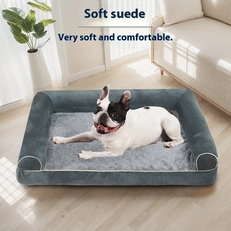 Square cloth-covered dog bed with sponge filling shown in beige, dimensions 100x60cm for scale.