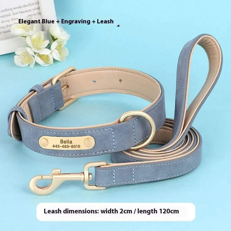 A double-layer leather dog collar with mohair detail and a matching lead, shown in blue, brown, and rose red.