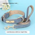 A double-layer leather dog collar with mohair detail and a matching lead, shown in blue, brown, and rose red.