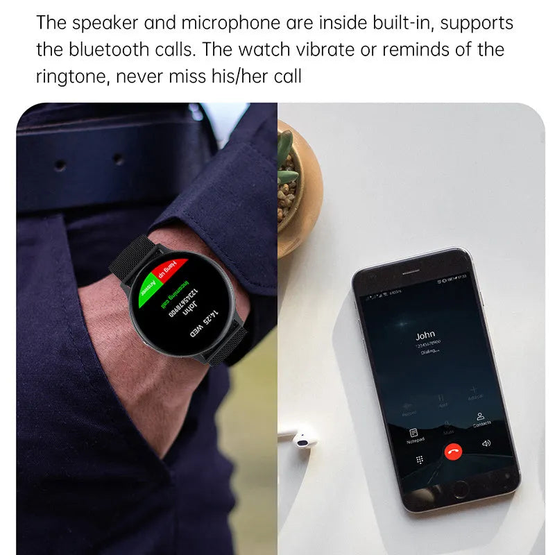 Smart bracelet with touch screen on a wrist, showing heart rate and call functions, available in black, blue, and red.