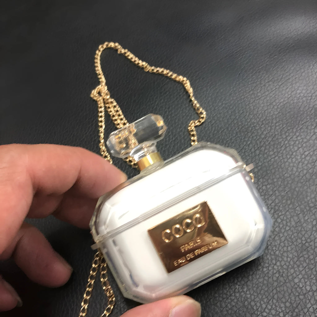 White silicone perfume bottle style case for AirPods Pro and AirPods 3 charging box.