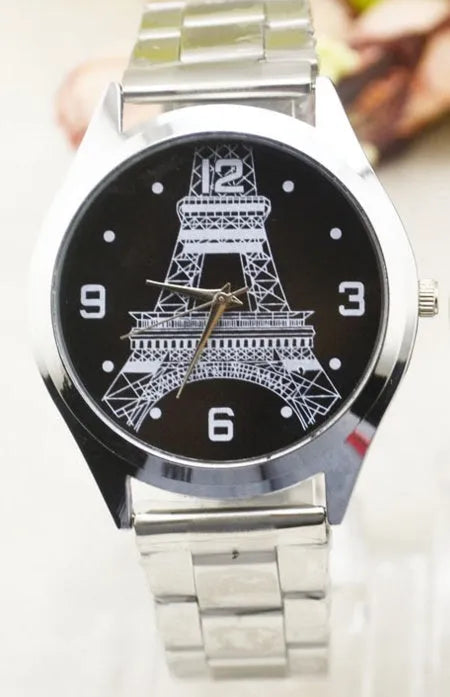 Round dial Eiffel Tower motif quartz wrist watch with stainless steel case, men's style