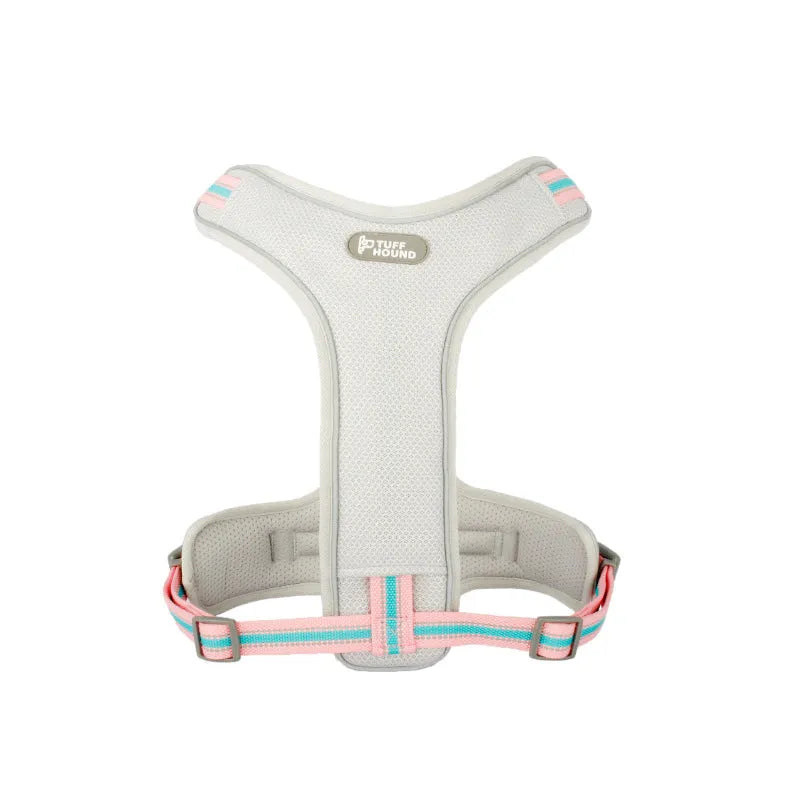 Double-sided breathable dog harness with traction rope in black carbon molecule colour, featuring mesh and zinc alloy construction.