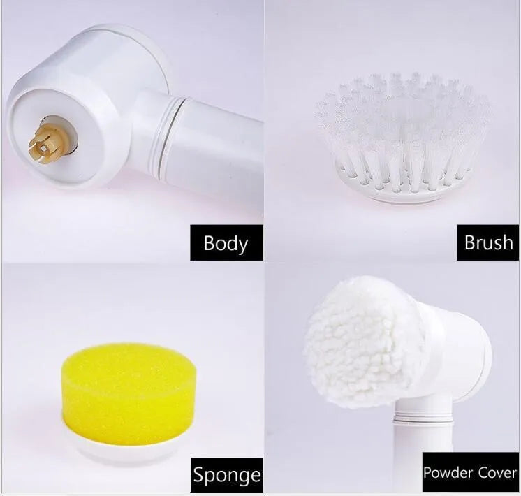 White 5 in 1 cordless electric cleaning brush with detachable ABS handle and 3 interchangeable brush heads, 19.5 x 11.5 x 6.3 cm