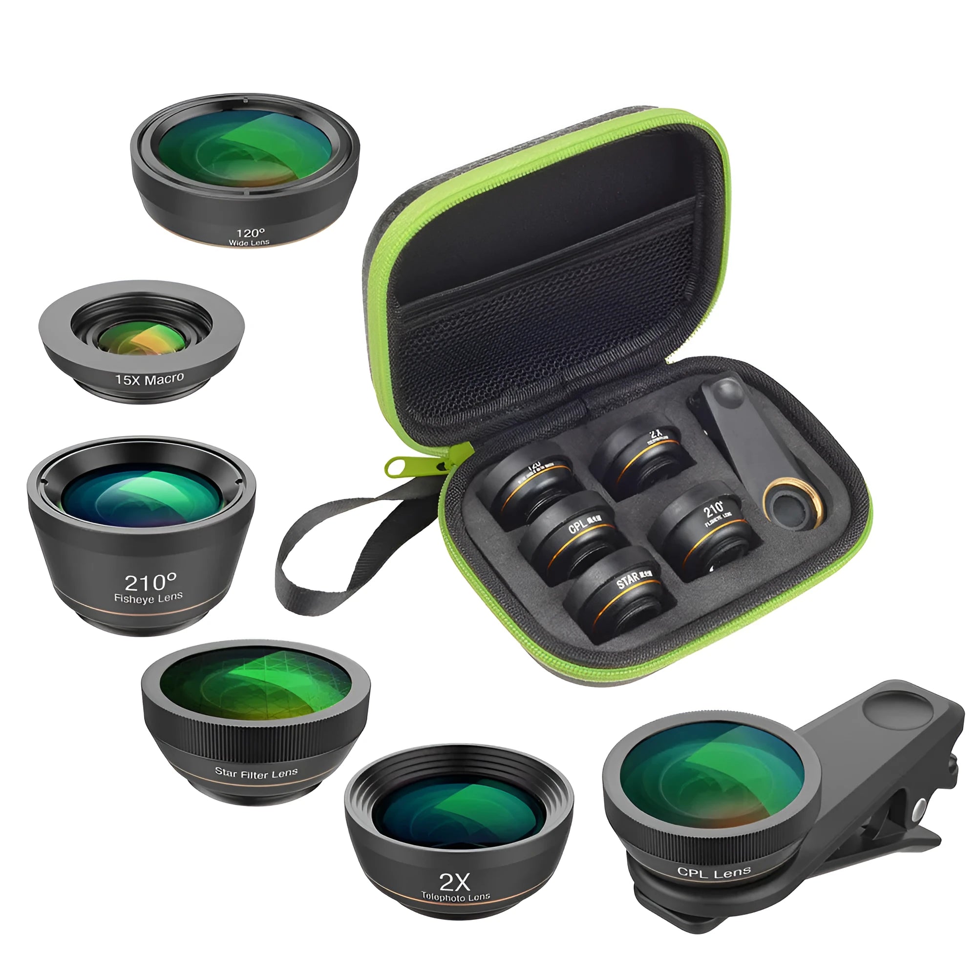 Black 6-in-1 smartphone camera lens kit with fisheye, macro, wide-angle, telephoto, CPL and star filters, case, and universal clip.