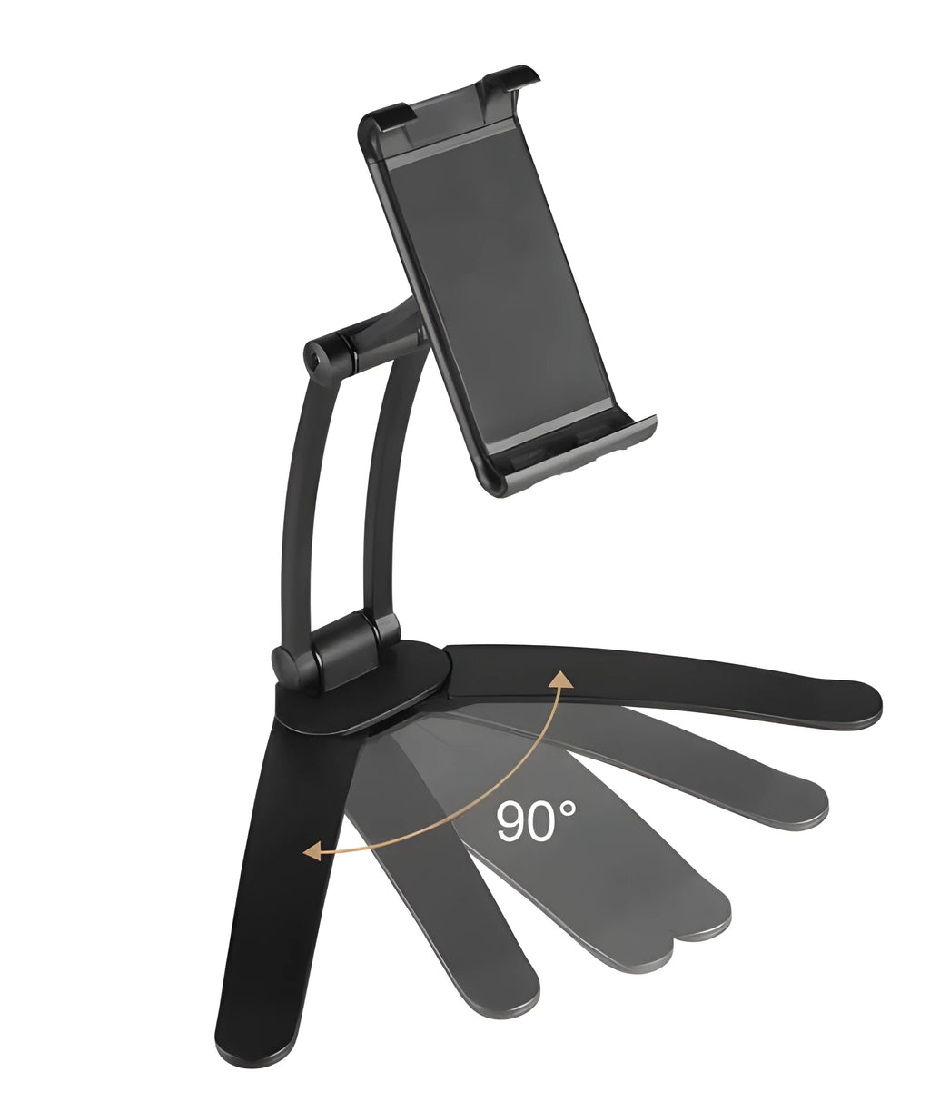 Silver aluminium alloy tablet stand holding a tablet, showing the adjustable clamps and 360-degree rotating hinge.