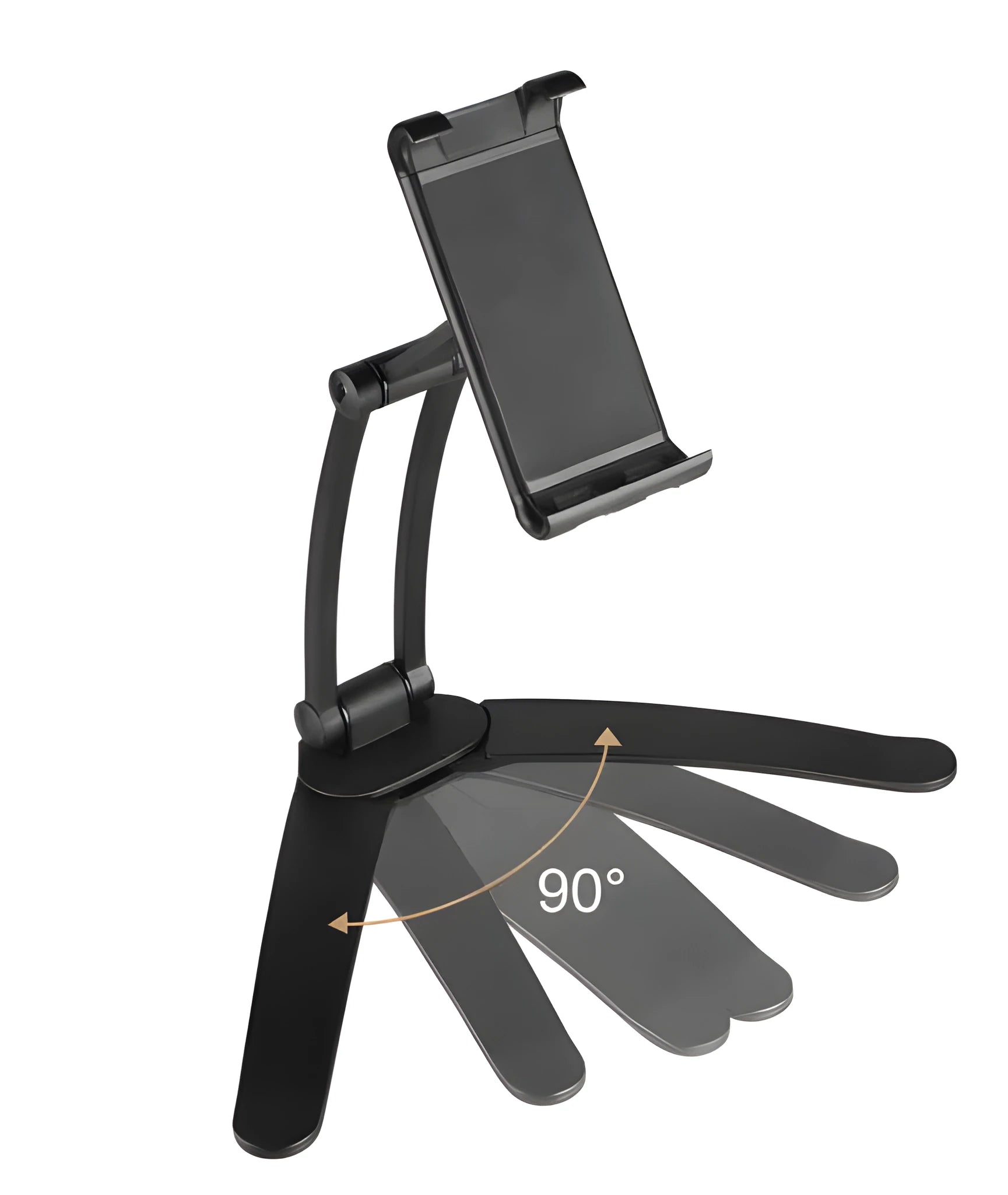 Silver aluminium alloy tablet stand holding a tablet, showing the adjustable clamps and 360-degree rotating hinge.