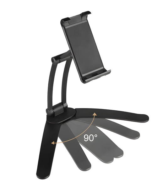 Silver aluminium alloy desktop tablet stand with adjustable clips and 360-degree rotation on a white mount.