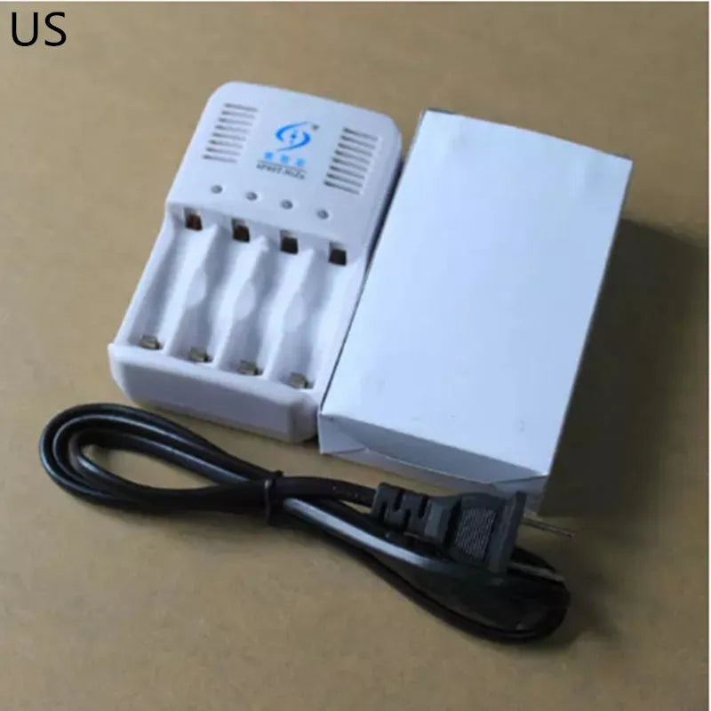 White rechargeable battery charger for 1.6V nickel-zinc batteries with four batteries and US plug