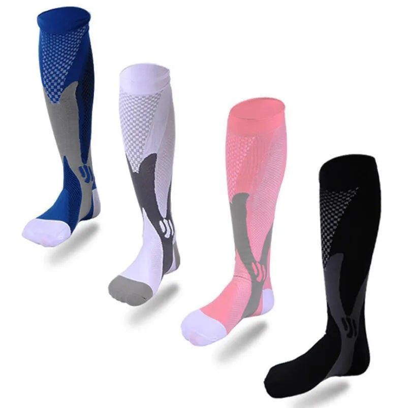 Graduated compression socks showing calf support design in various colour options