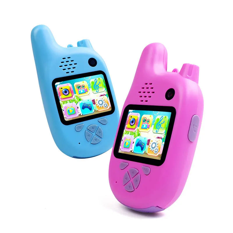 Blue and pink walkie-talkie style kids digital camera with a wide-angle lens and a small colour screen.
