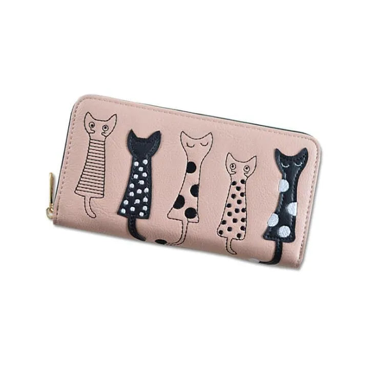 Women cat cartoon wallet in artificial leather, compact 10x18.8x3cm, available in six colours including beige and black