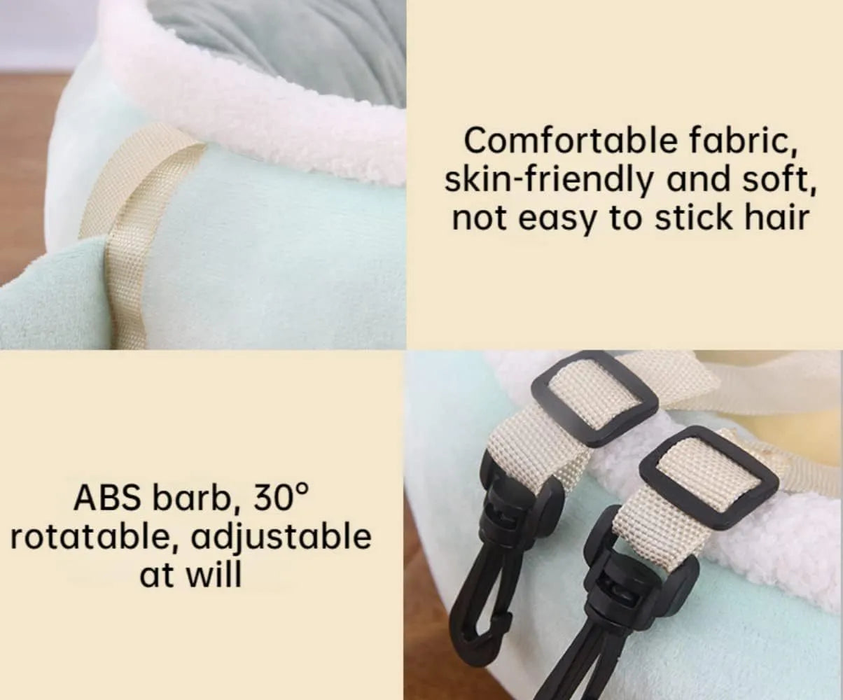 Green chick-shaped cat bed shown both flat and hanging as a hammock for a small cat