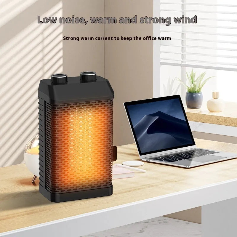 Black remote control oscillating desktop heater showing control knobs and dimensions 14.5x10x26cm.