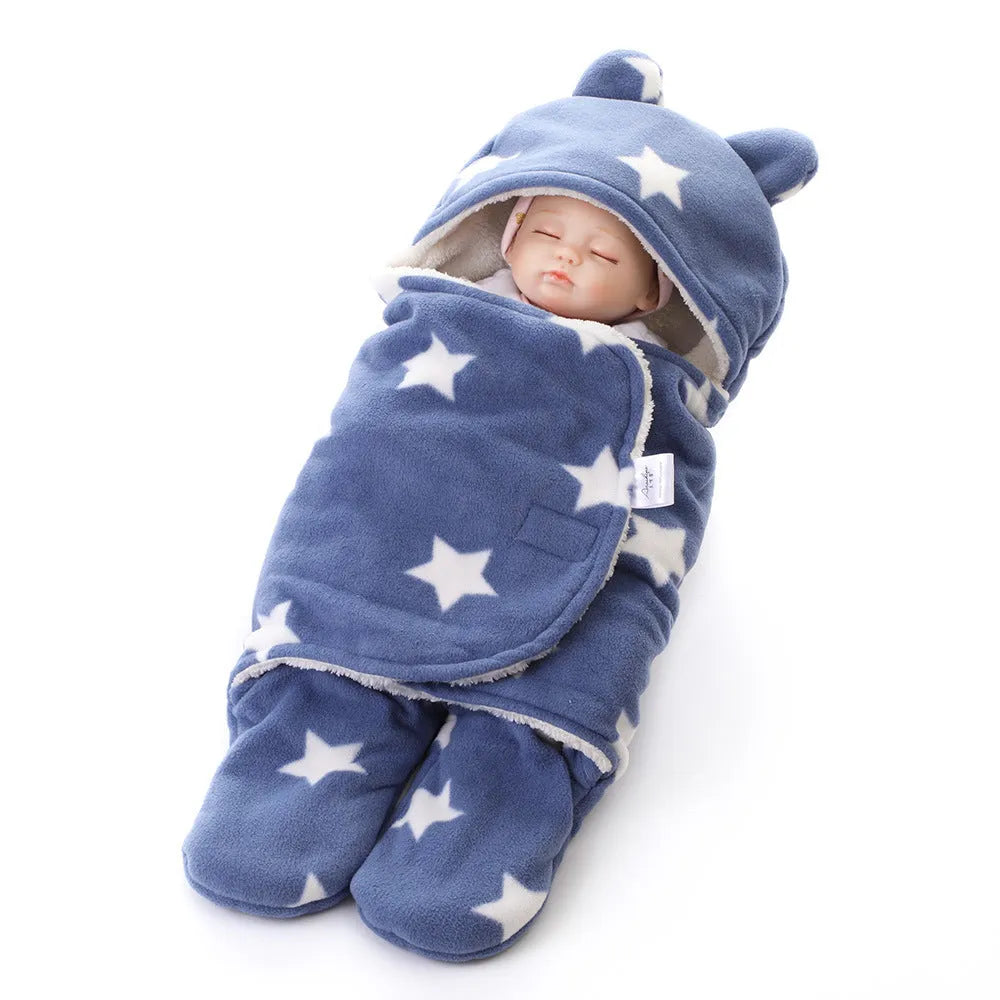 Fleece newborn blanket sleeping bag in L 78x86cm or S 65x75cm with cartoon, floral or dotted pattern