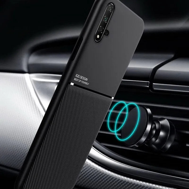 Magnetic friction phone case for Huawei P30 Pro Mate 20 in black PU leather and iron sheet back cover