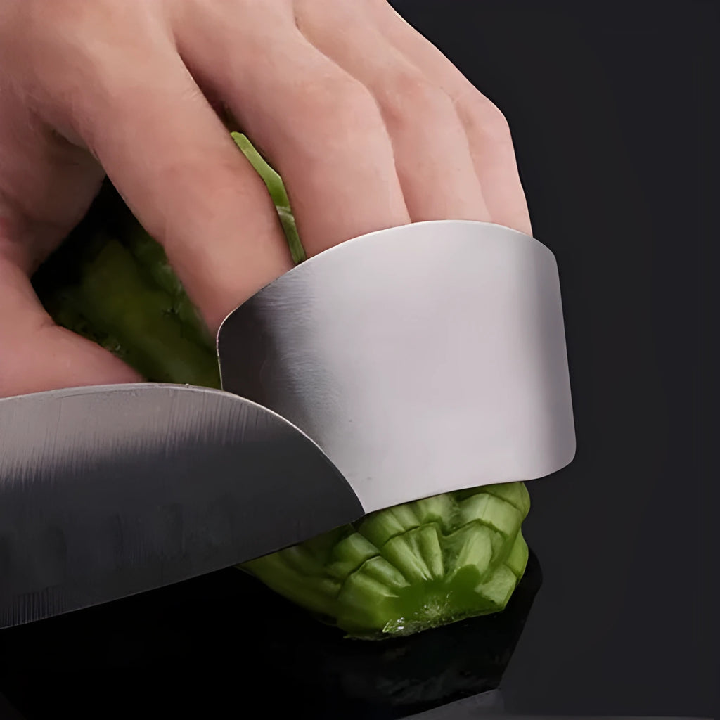 Stainless steel finger guard for cutting vegetables showing single and double finger protection options