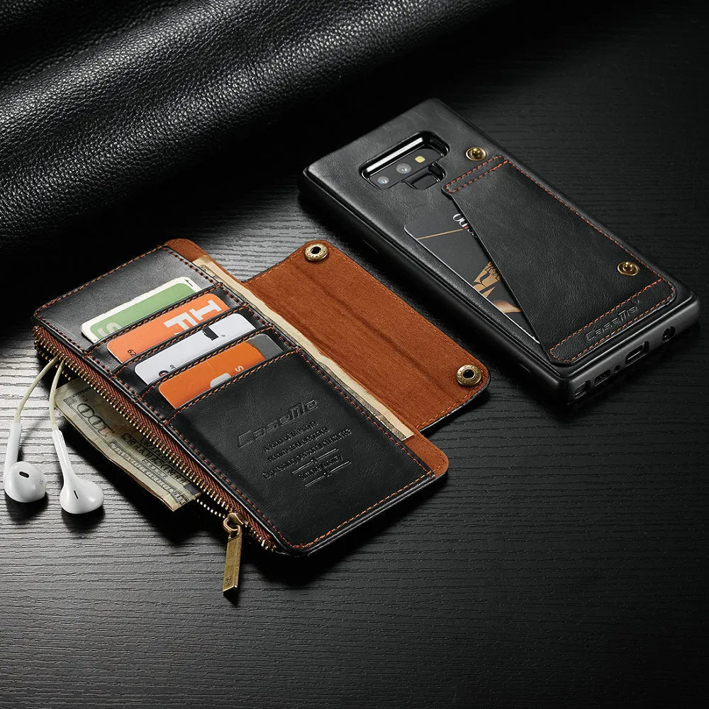 Black PU leather flip phone case open, showing it fitted on a SAMSUNG Note9 smartphone.