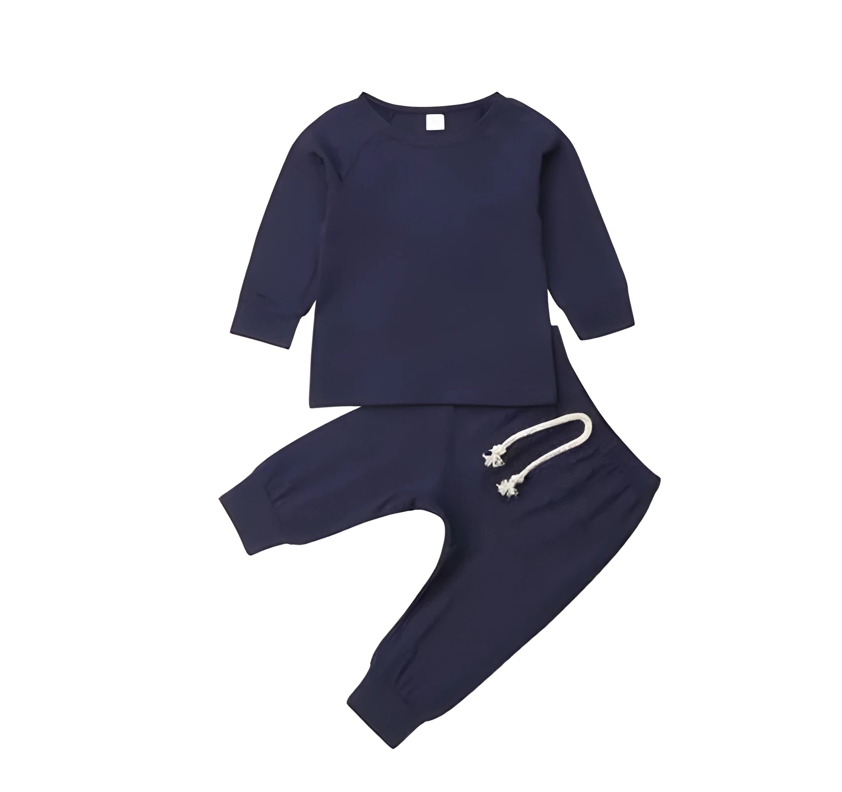 A baby wearing a blue cotton romper tracksuit set with a cartoon pattern, showing the one-piece design.
