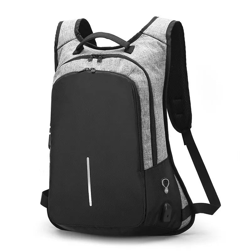 Anti thief USB charging laptop backpack 15.6 inch Oxford travel bag in black, 30cm x 50cm x 11cm