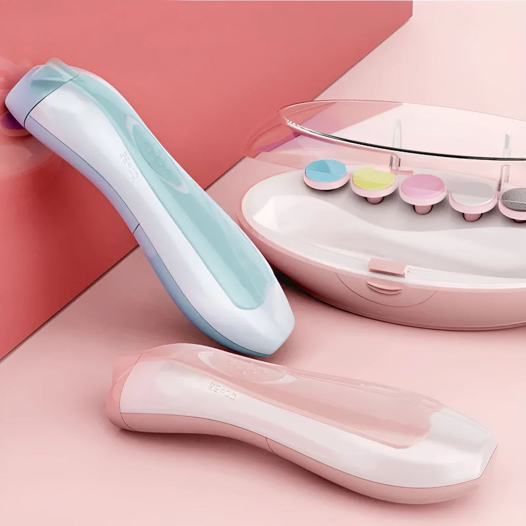 Ultra-quiet baby nail polisher manicure kit in pink colour with ergonomic design and night light feature