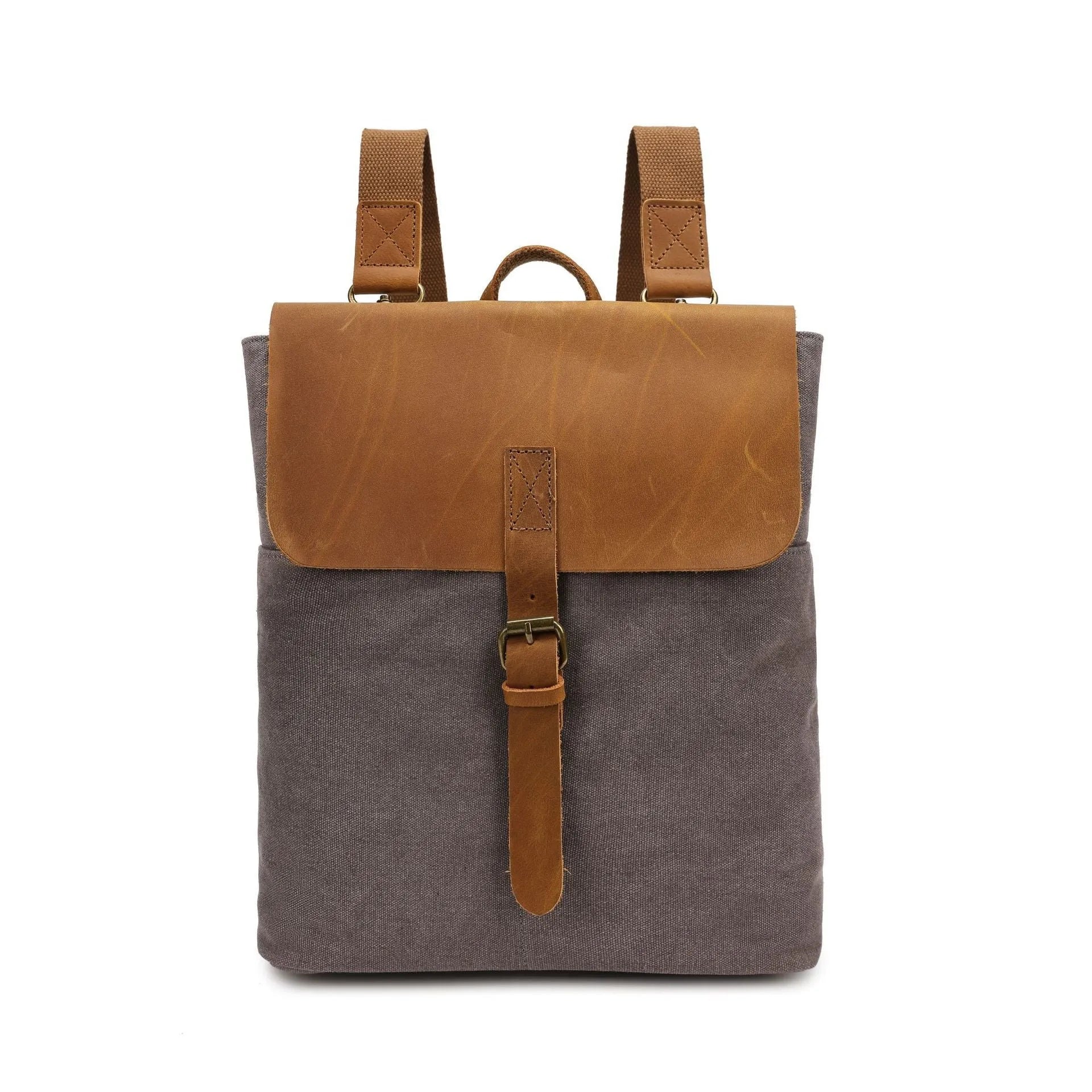 Waterproof canvas student backpack with Crazy Horse leather trim in minimalist design