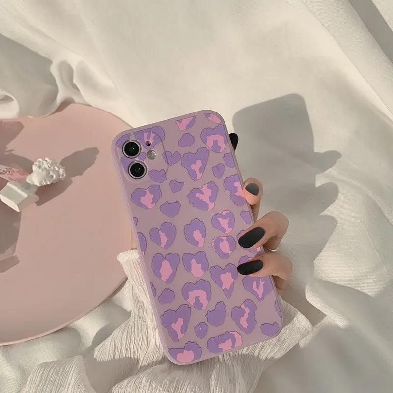 Frosted silicone Apple iPhone back cover in Purple Leopard, painted finish, fits models 7 to 13 Pro.