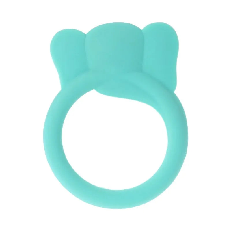Three baby molar silicone teethers in brown, blue, and yellow on a white background