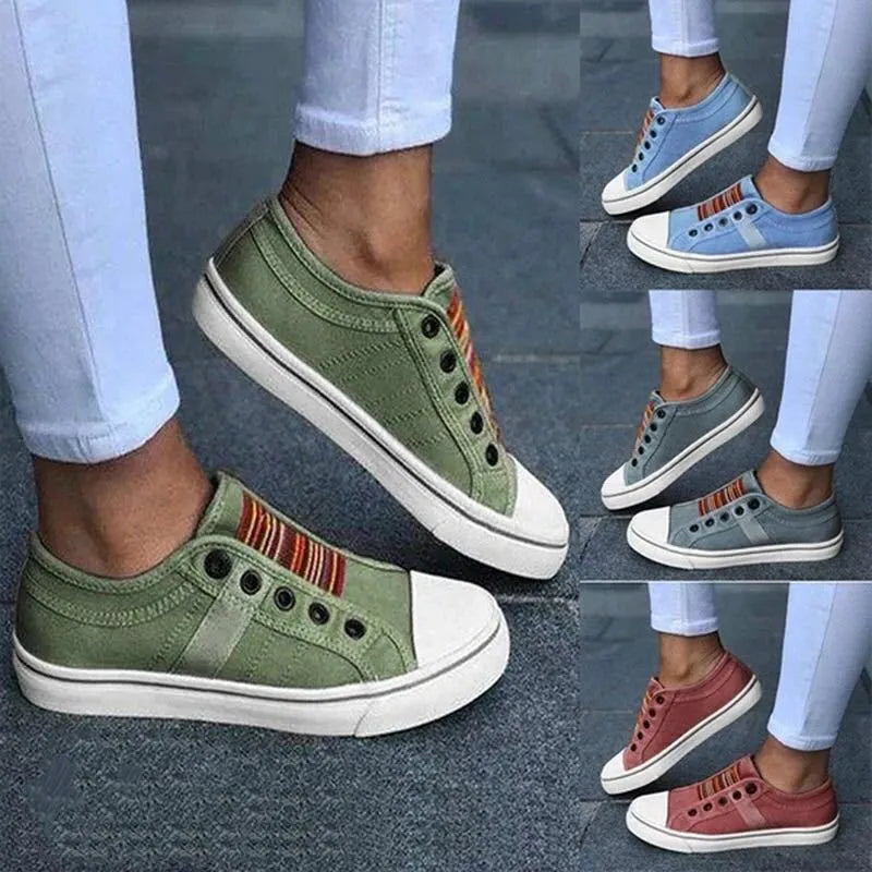 Round head stretch canvas shoes with rubber sole, shown in blue, green, grey, and red, sizes 35 to 43