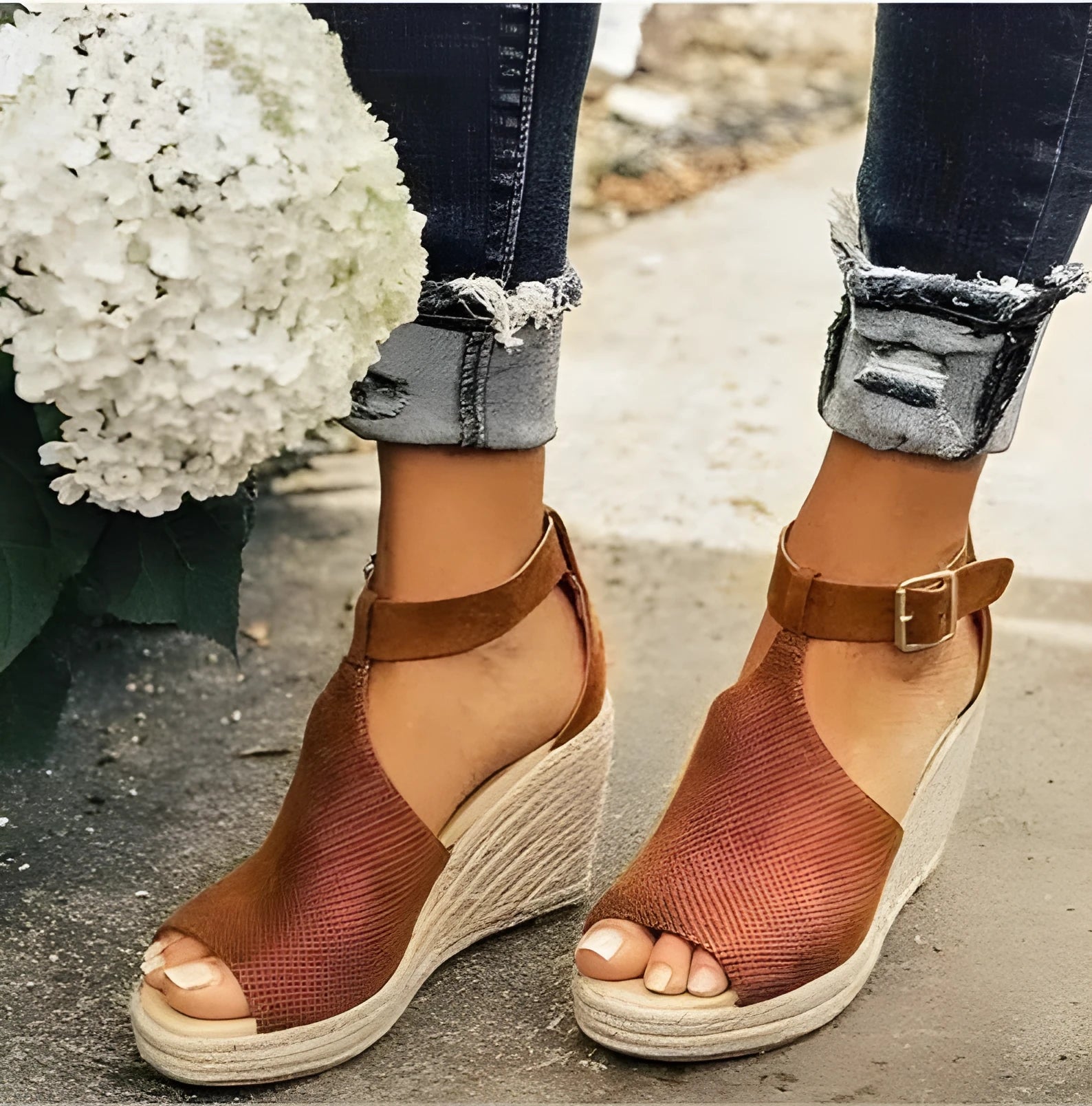 Canvas wedge sandals for women with waterproof platform, fish mouth toe, and slingback buckle in black