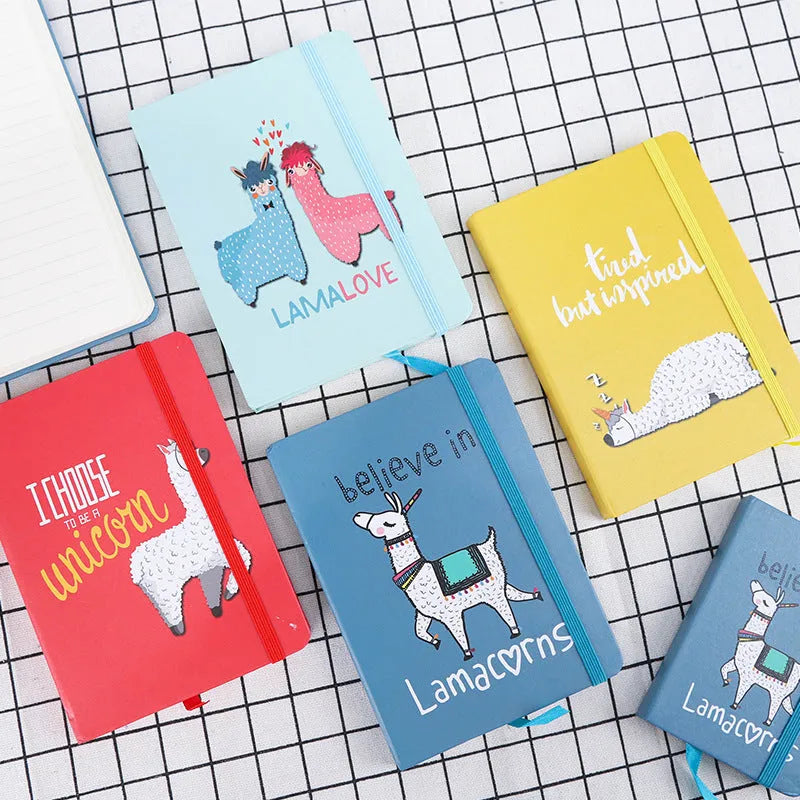Alpaca cartoon design notepad showing paper cover, available in A5, A6, and A7 sizes