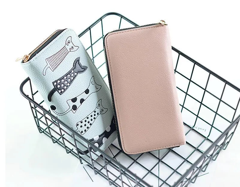 Women cat cartoon wallet in artificial leather, compact 10x18.8x3cm, available in six colours including beige and black