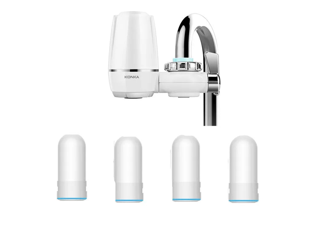 White plastic faucet water filter unit with adapters and ceramic cartridge for kitchen tap installation.