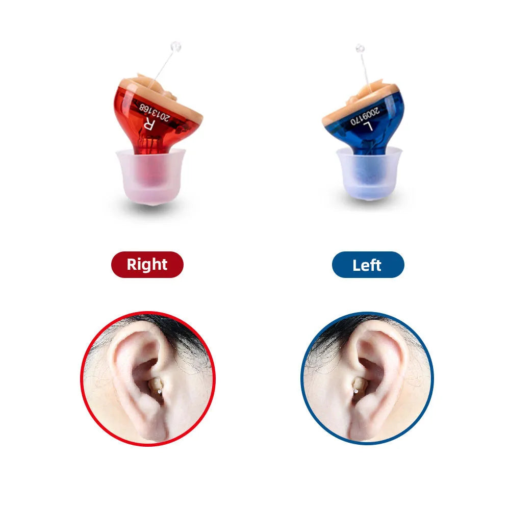 Q10 CIC hearing aid in red and blue colours with automatic calibration for discreet hearing assistance