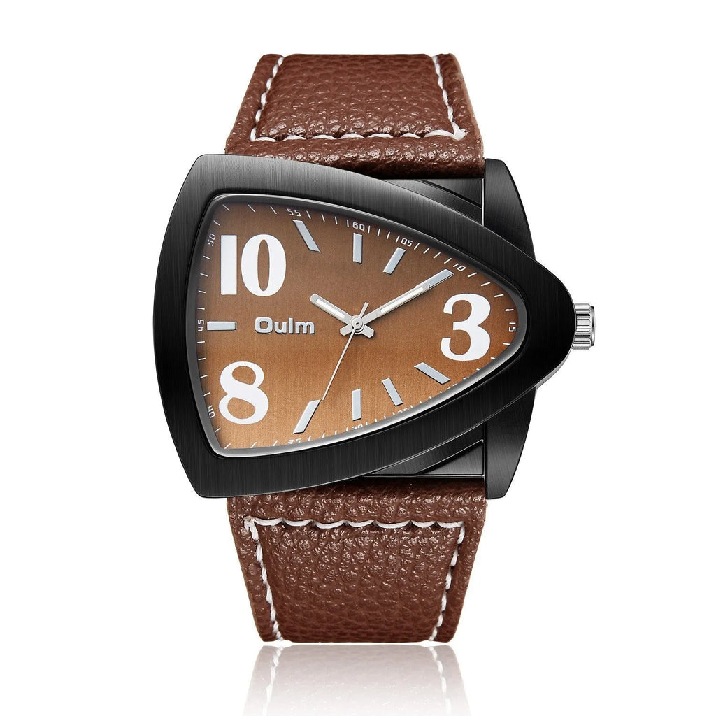Men's casual wristwatch with a distinctive triangle-shaped strap on a wrist