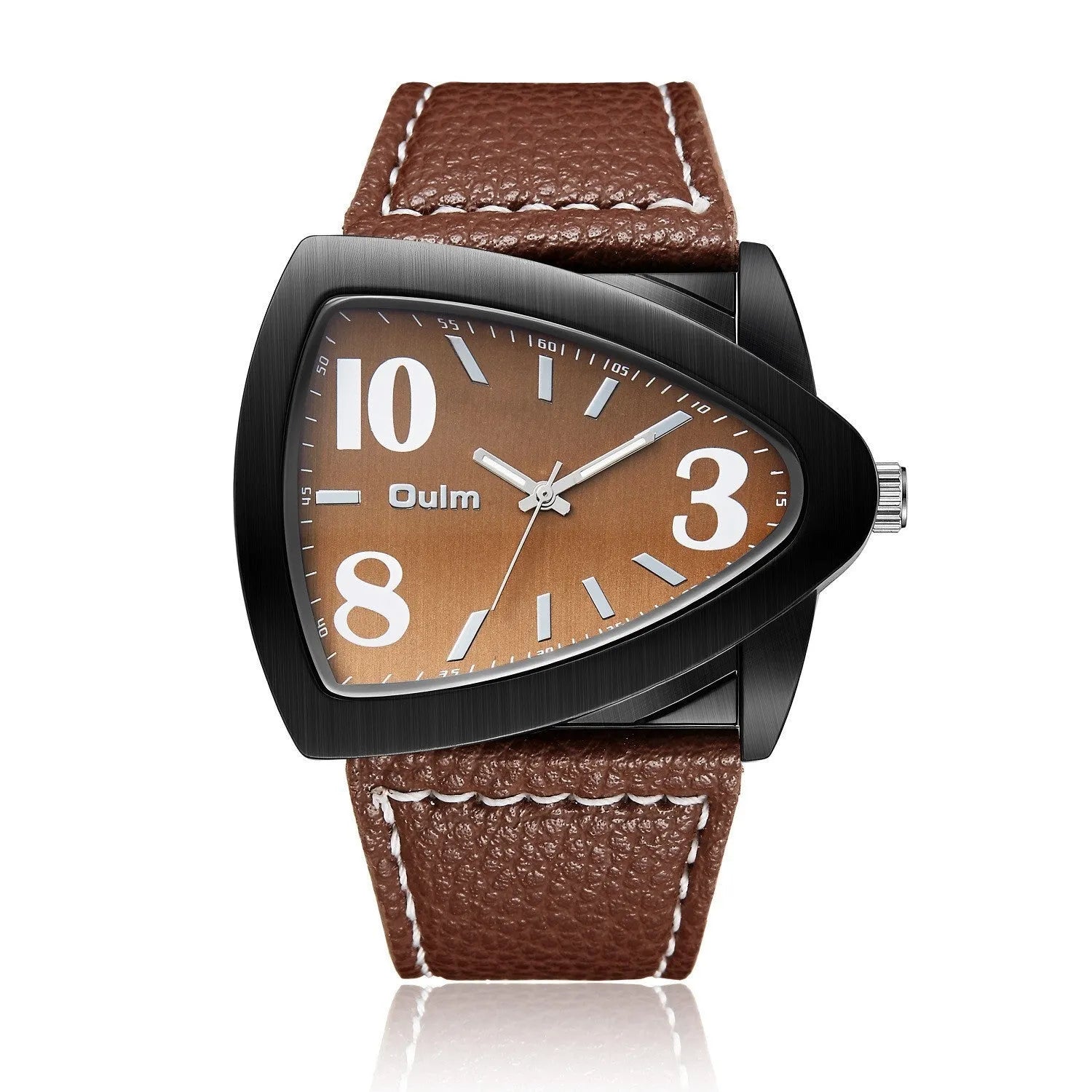 Men's casual wristwatch with a distinctive triangle-shaped strap on a wrist