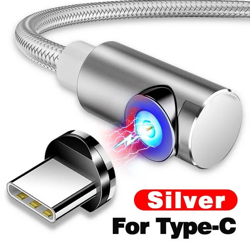 Black magnetic charging cable with L-shaped aluminium connectors and micro USB, Lightning, and Type-C magnetic plugs.