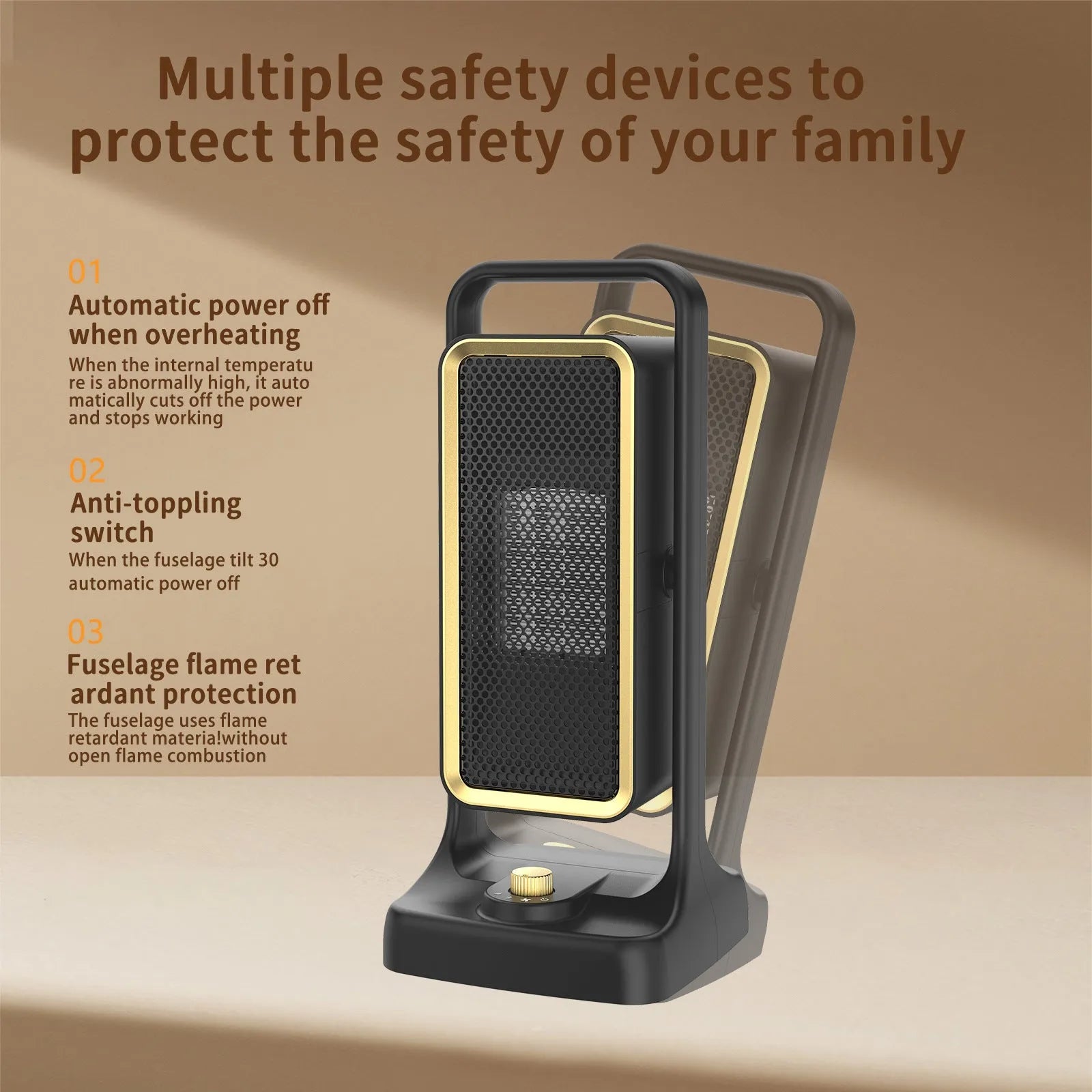 Black desktop PTC ceramic heater with knob controls showing dimensions 14.9x11.1x33.5cm